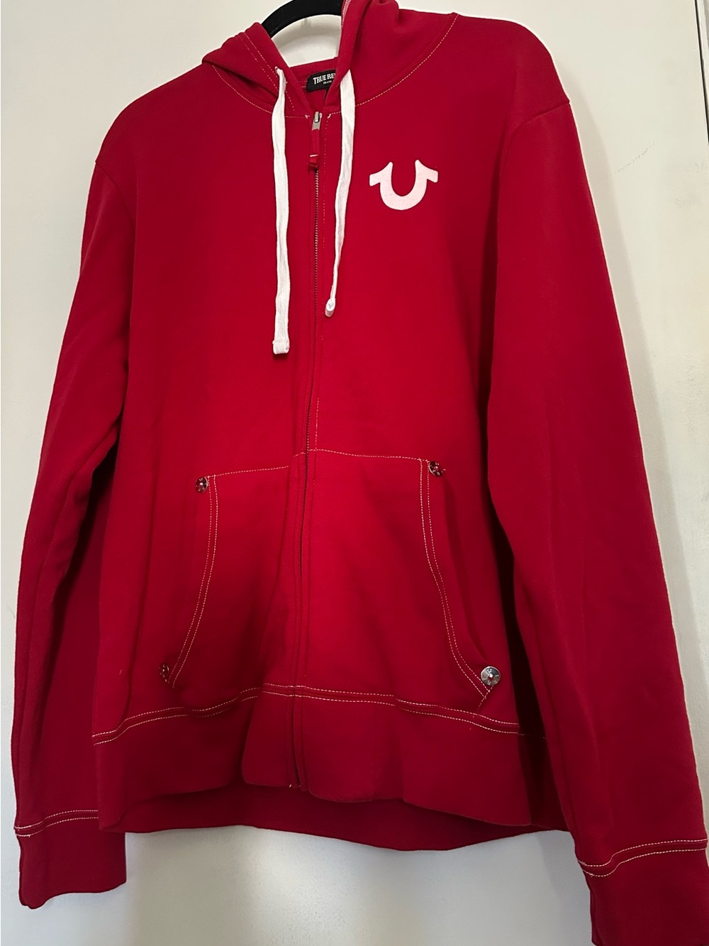 True Religion Men's Red Zip-Up Hoodie with White Logo